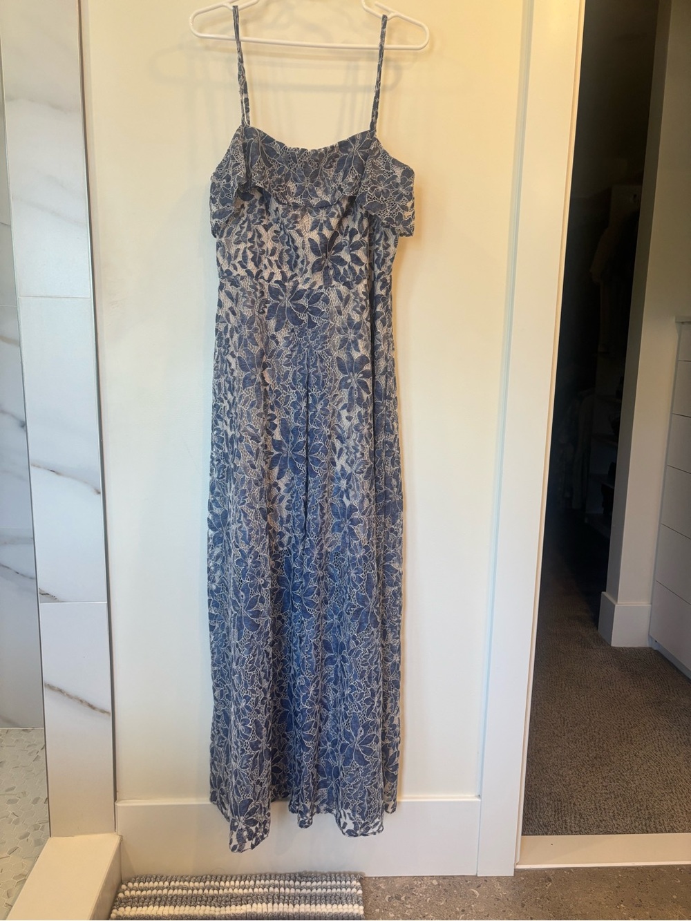 Jessica Simpson Blue Floral Maxi Dress with Ruffle Neckline